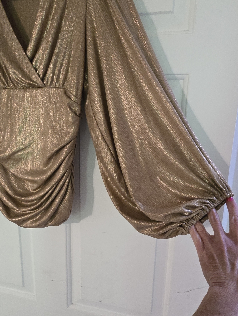 Express Metallic Gold Surplice Ruched Long-Sleeve Blouse - Picture 2 of 4